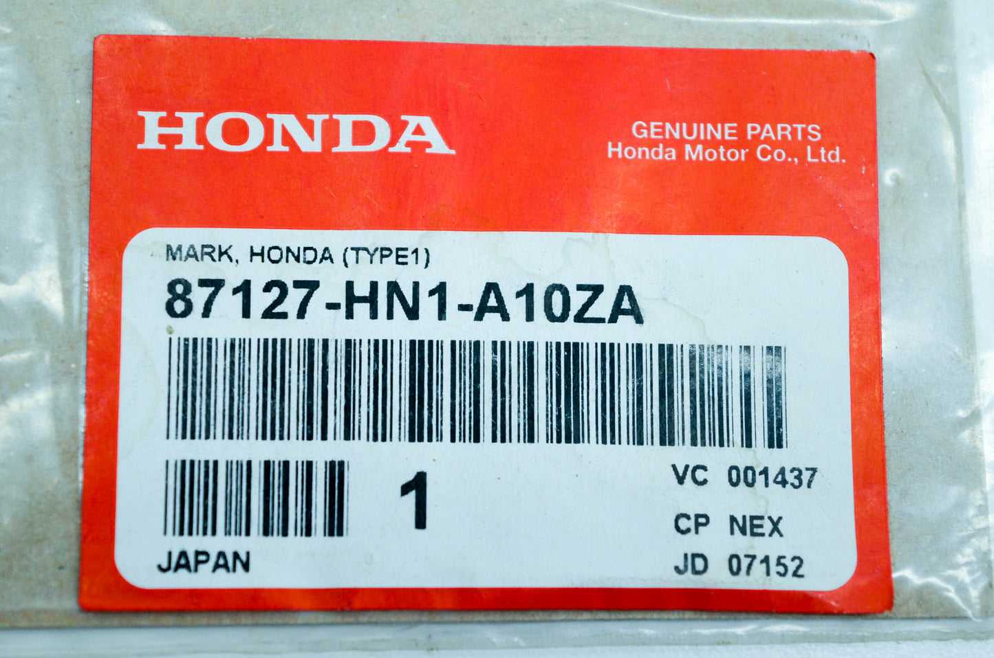 New OEM Honda 87127-HN1-A10ZA Mark "Honda" Type 1 NOS
