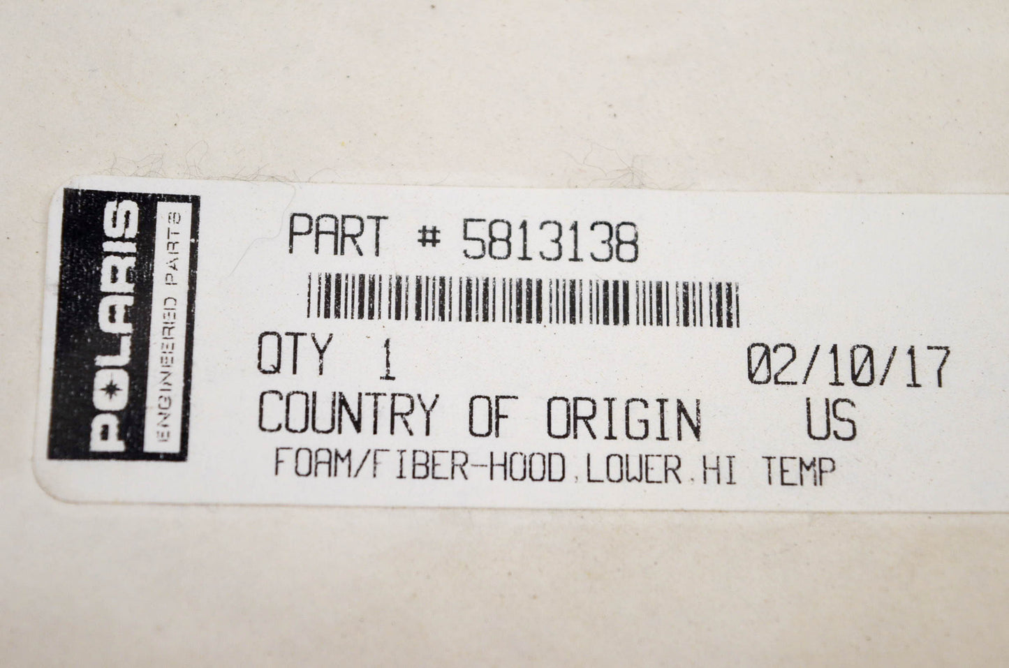 New OEM Polaris 5813138 Foam Fiber Hood Lower HI Temp NOS