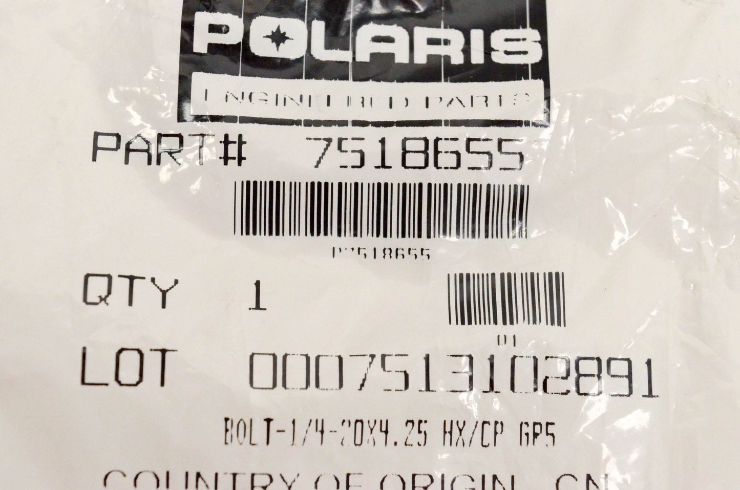 New OEM Polaris 7518655 Bolt 1/4- 20x4.25 HX/CP NOS