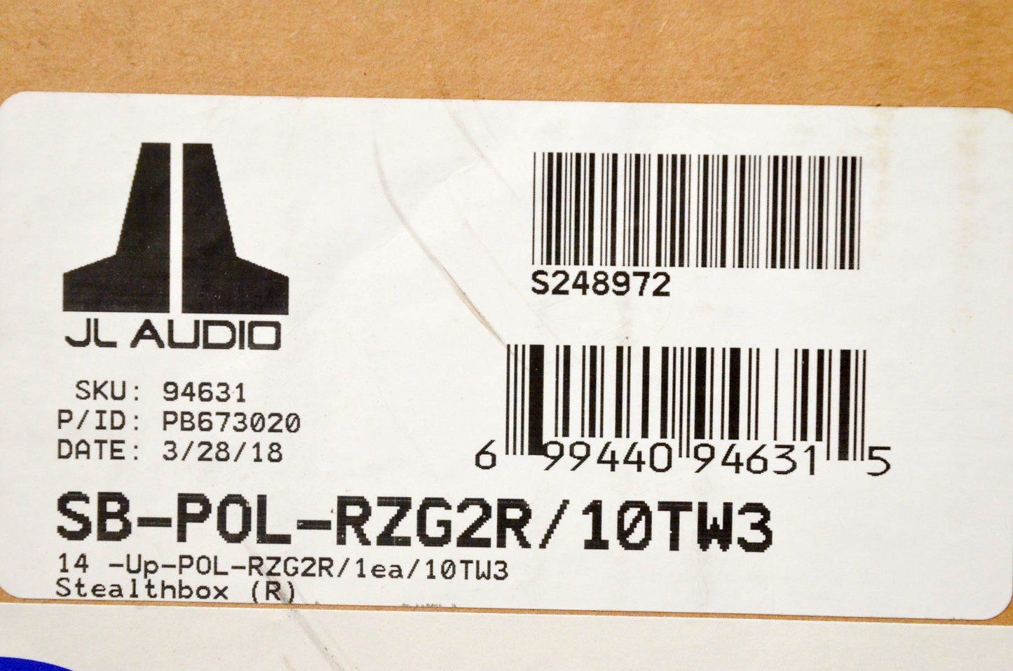 JL Audio SB-POL-RZG2R/10TW3, 152123 Stealthbox SB-POL-RZG2R/10TW3 NOS