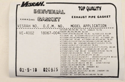 Vesrah VE-4002, 18067-004, VX-4002 Exhaust Pipe Gasket NOS