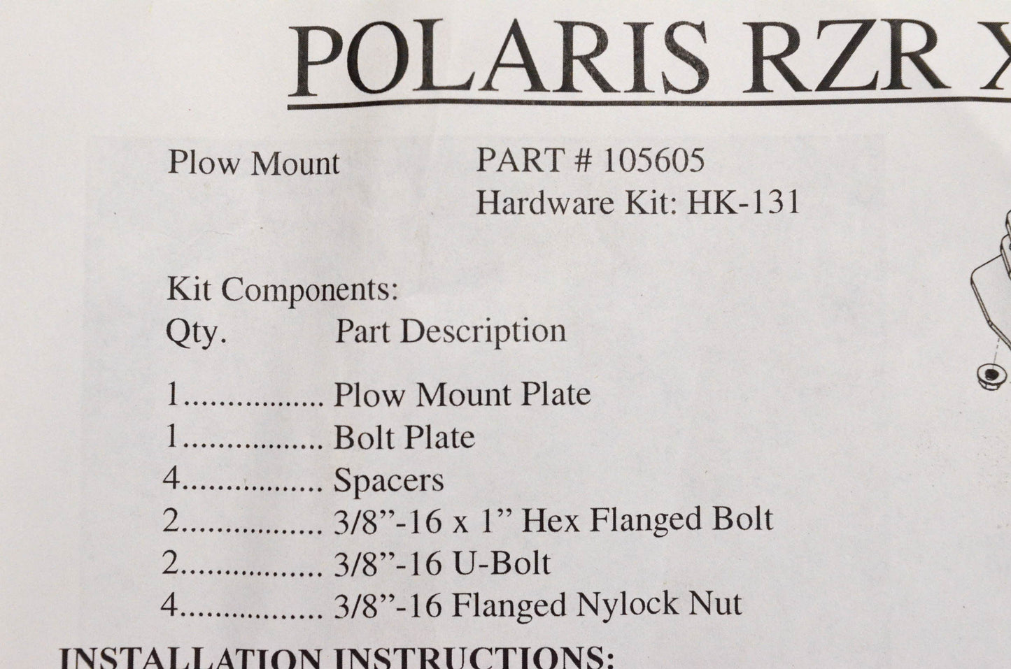 Aftermarket 105605, 10-5605 ATV Plow Mount RZR XP900/1000 NOS