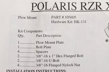 Aftermarket 105605, 10-5605 ATV Plow Mount RZR XP900/1000 NOS