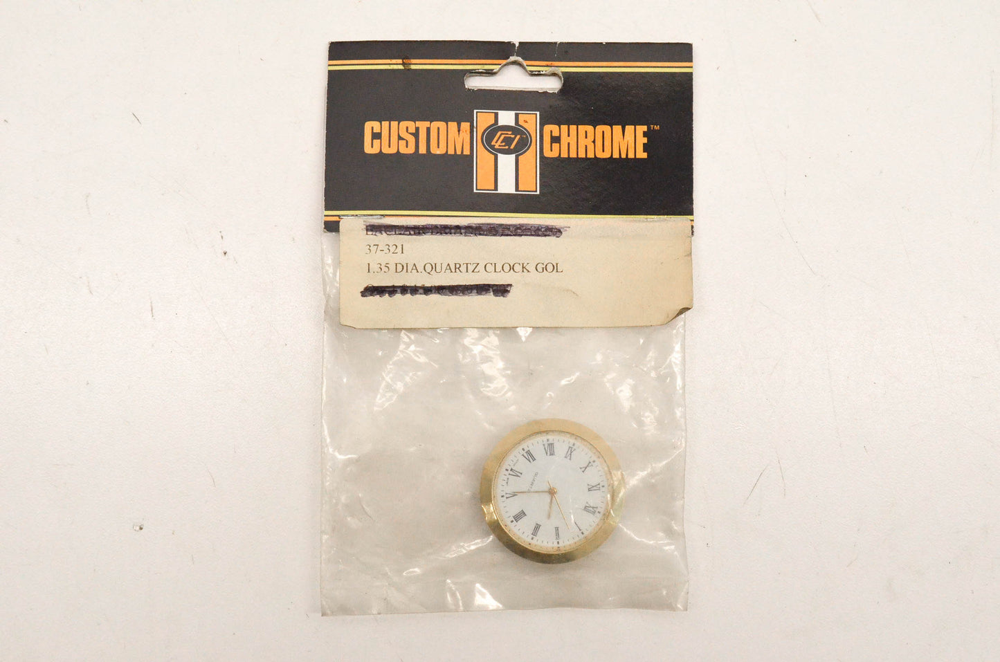Custom Chrome 37-321 1.35" Diameter Quartz Clock With Gold Trim NOS