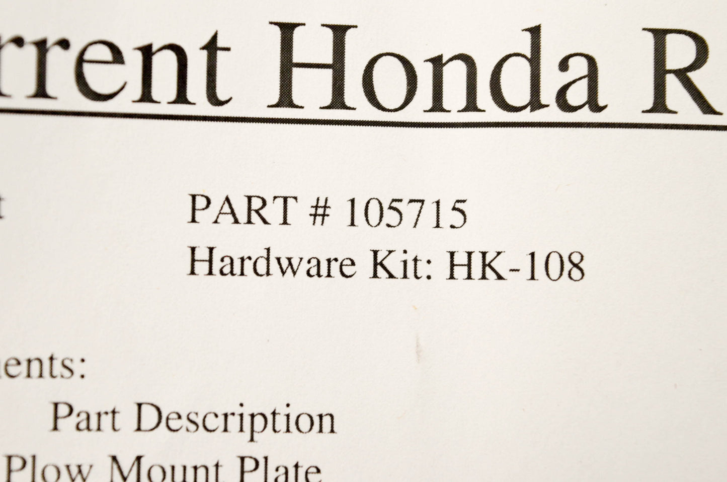 New OEM Honda 105715 Plow Mount Plate Kit NOS