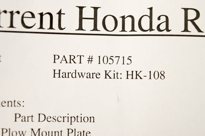 New OEM Honda 105715 Plow Mount Plate Kit NOS