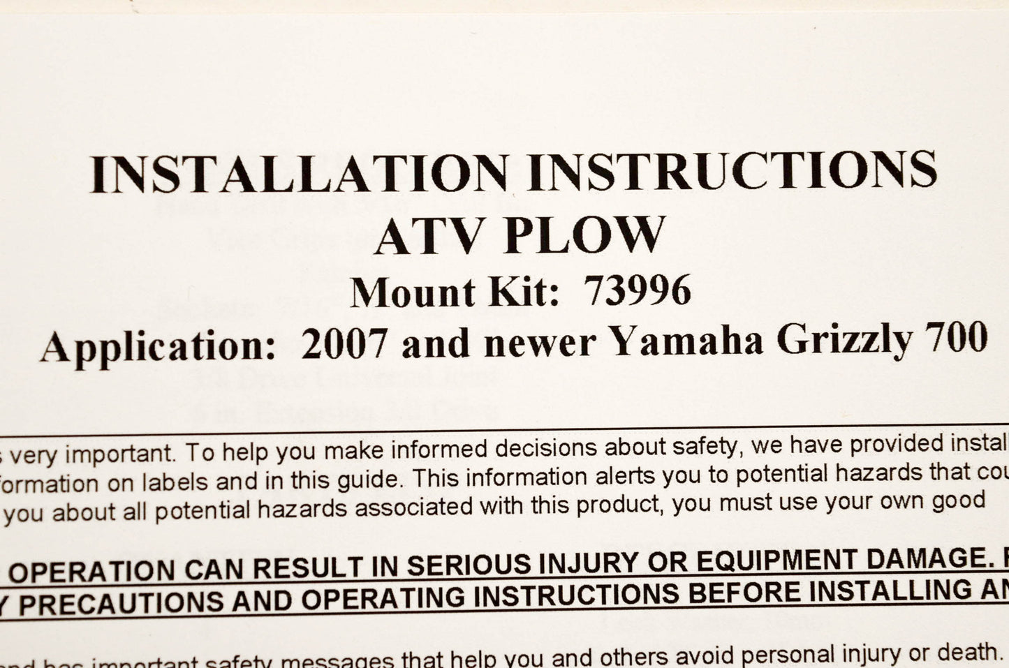 Warn 73996 ATV Plow Mount Kit NOS
