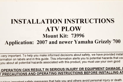 Warn 73996 ATV Plow Mount Kit NOS