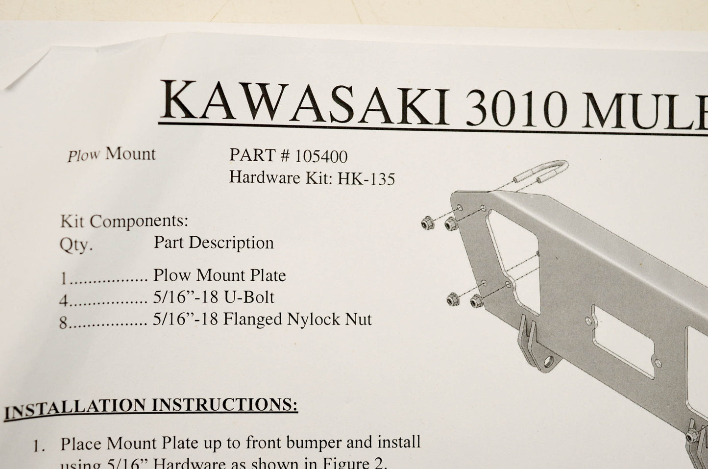 KFI 105400, 10-5400 Kawasaki Mule 3000 Series UTV Plow Mount Kit NOS