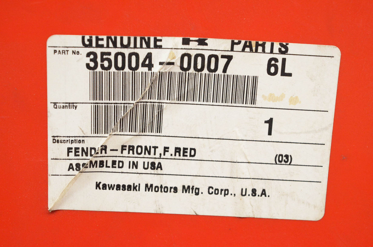 New OEM Kawasaki 35004-0007-6L Front Red Fender NOS