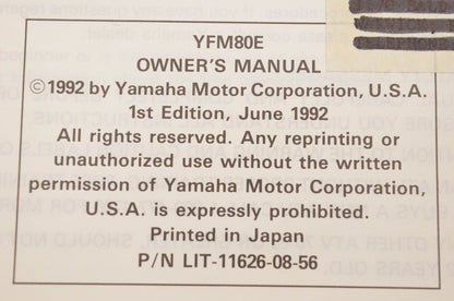 OEM Yamaha LIT-11626-08-56 YFM80E Owner's Manual