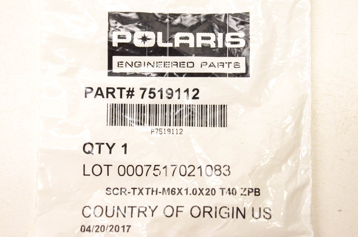 New OEM Polaris 7519112 Screw M6x1.0x20 T40 ZPB NOS