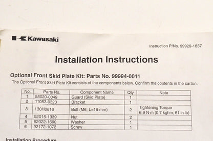 New OEM Kawasaki 99994-0011 Skid Plate Kit NOS