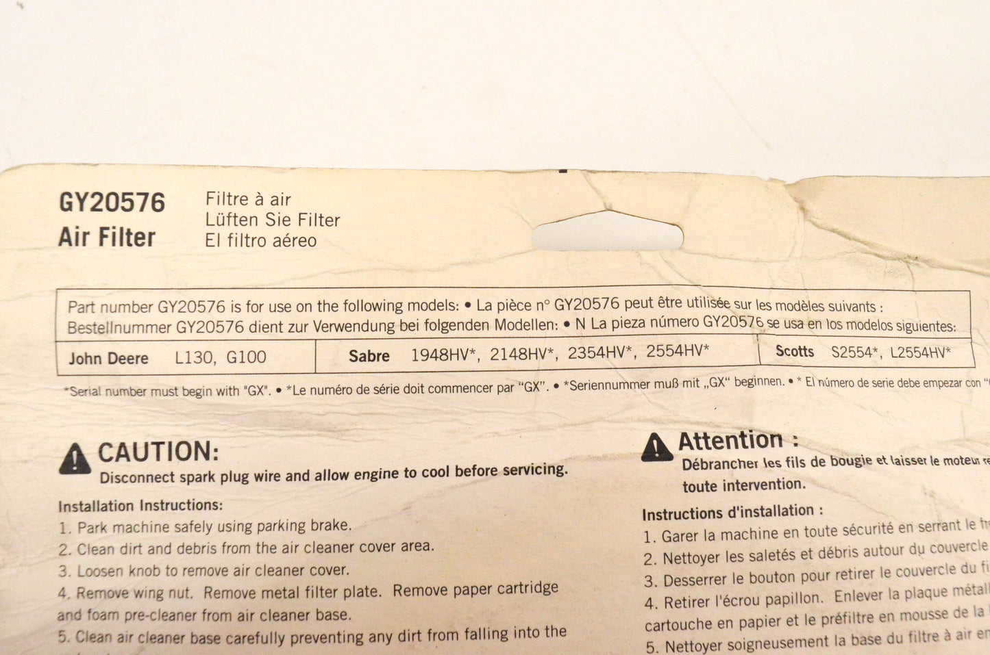 New OEM John Deere GY20576 Air Filter NOS