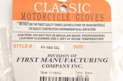 First Classics FI-160 GL, FI-160GL Fingerless 3X Black Motorcycle Gloves NOS