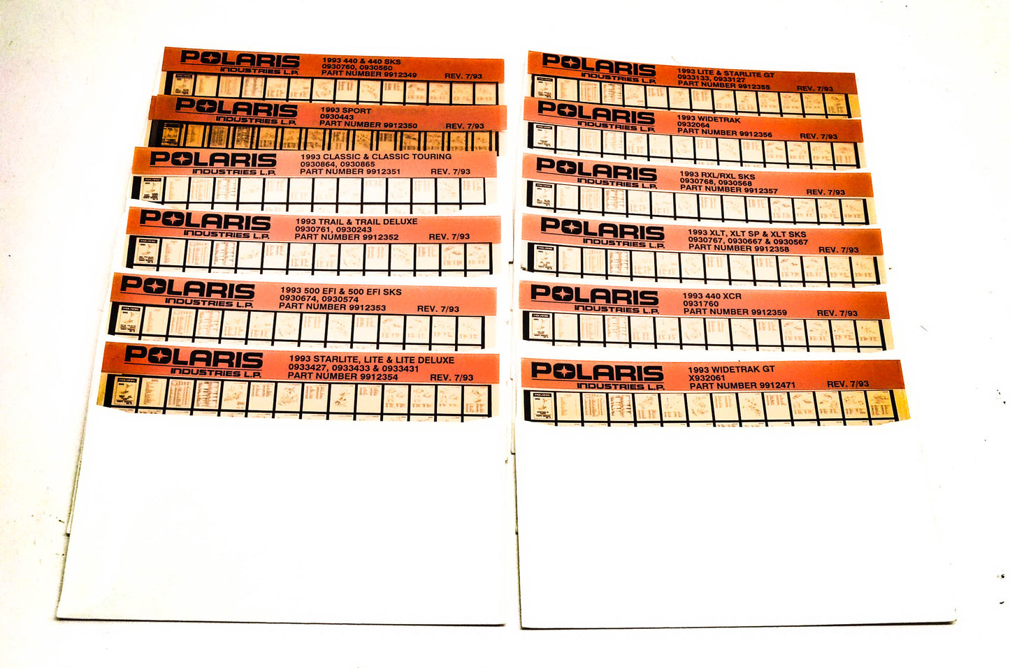 OEM Polaris 1993 Snowmobile Parts Manual Microfiche Lot Of 12