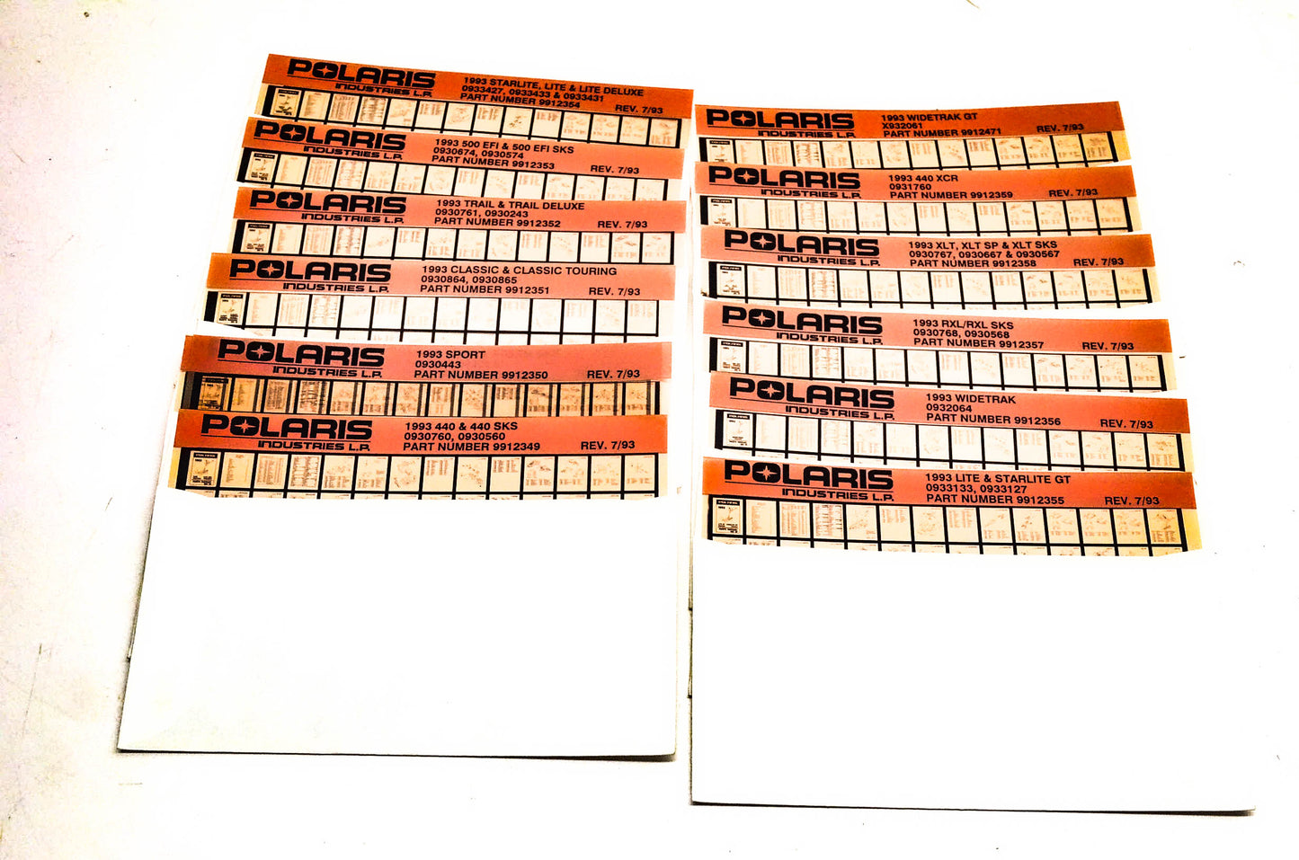 OEM Polaris 1993 Snowmobile Parts Manual Microfiche Lot Of 12