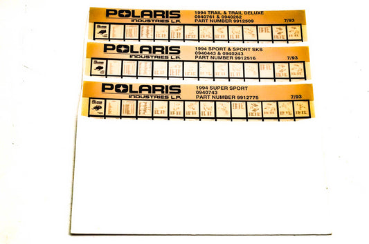 OEM Polaris 1994 Snowmobile Parts Manual Microfiche Lot Of 3