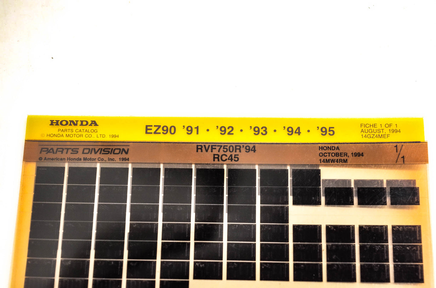OEM Honda 14GZ4MEF EZ90 RVF750R RC45 Parts Catalog Microfiche Lot Of 2