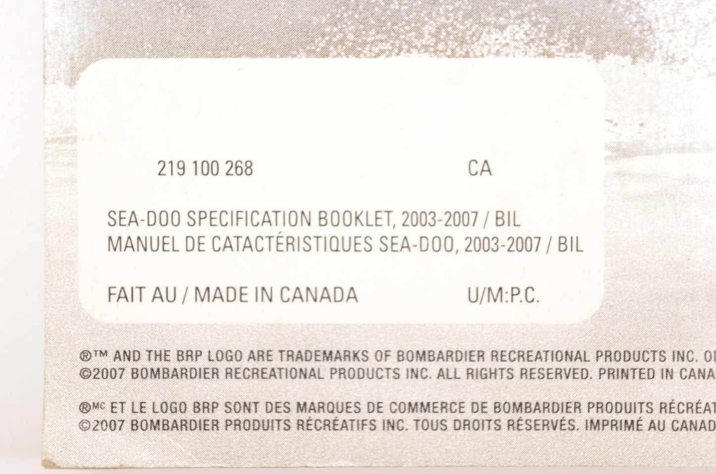 Sea Doo 219100268 2003-2007 Specification Booklet