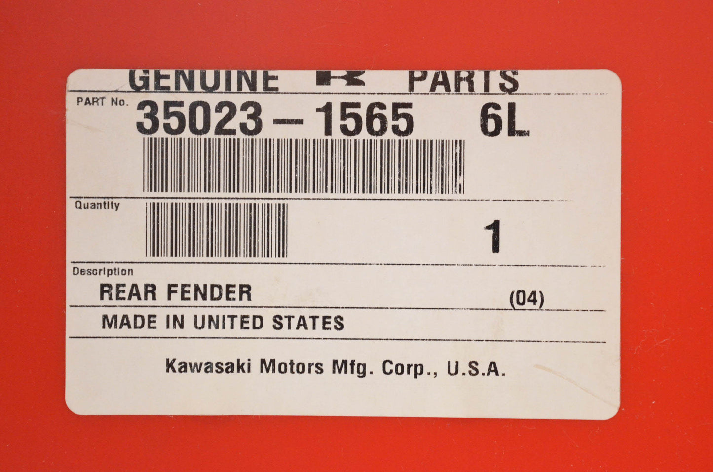 New OEM Kawasaki 35023-1565 Red Rear Fender NOS