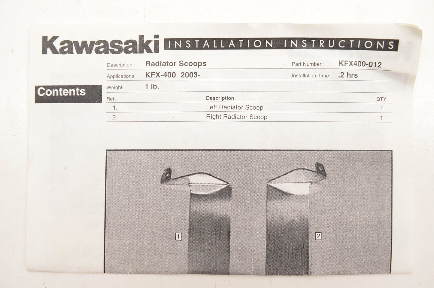 New OEM Kawasaki KFX400-012 Radiator Scoop Kit NOS