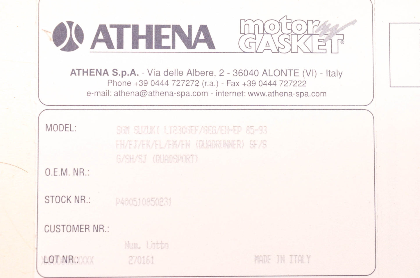 Athena P400510850231 Gasket Kit NOS