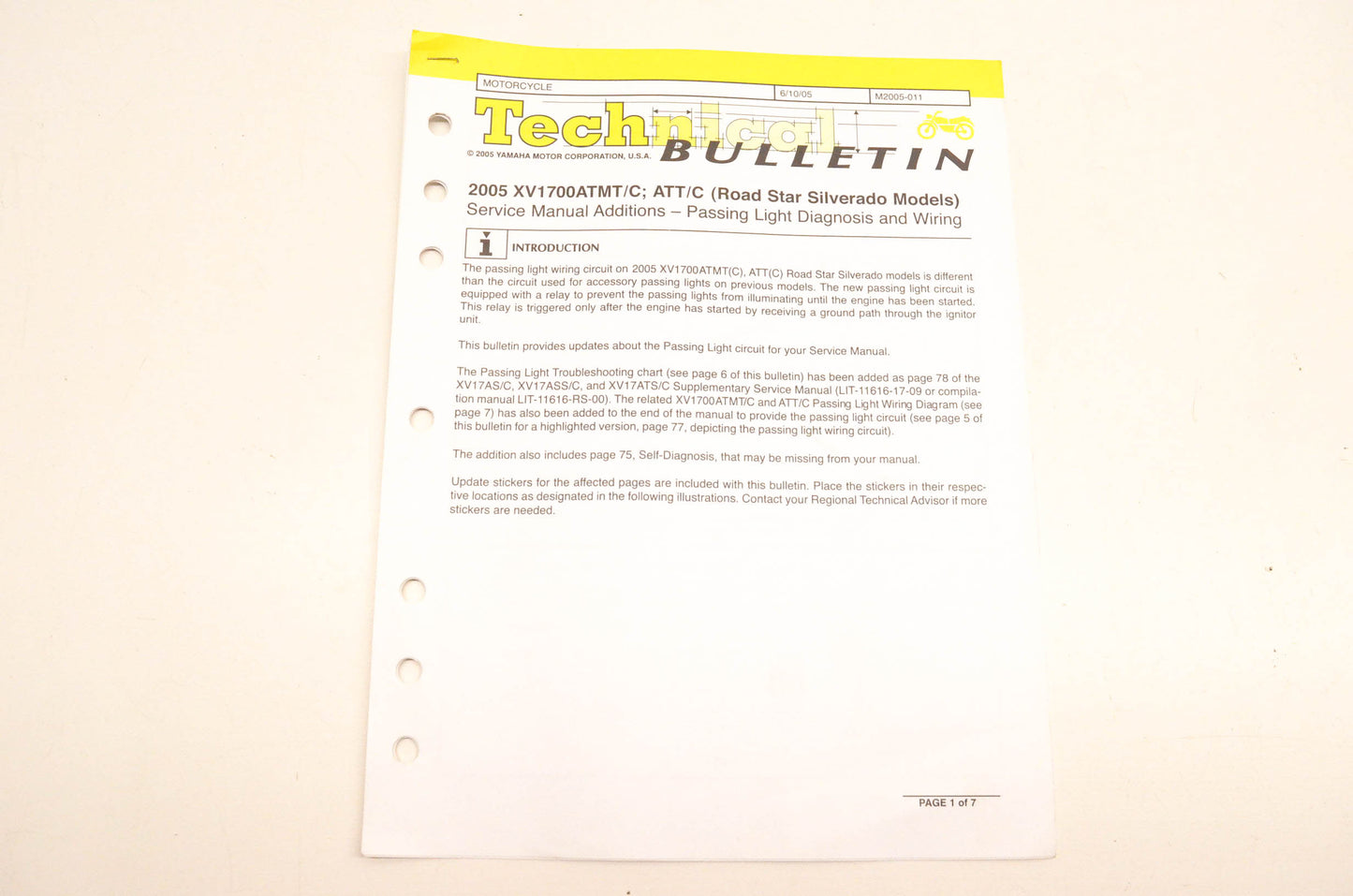 New OEM Yamaha M2005-011 Technical Bulletin 2005 XV1700ATMT/C ATT/C NOS