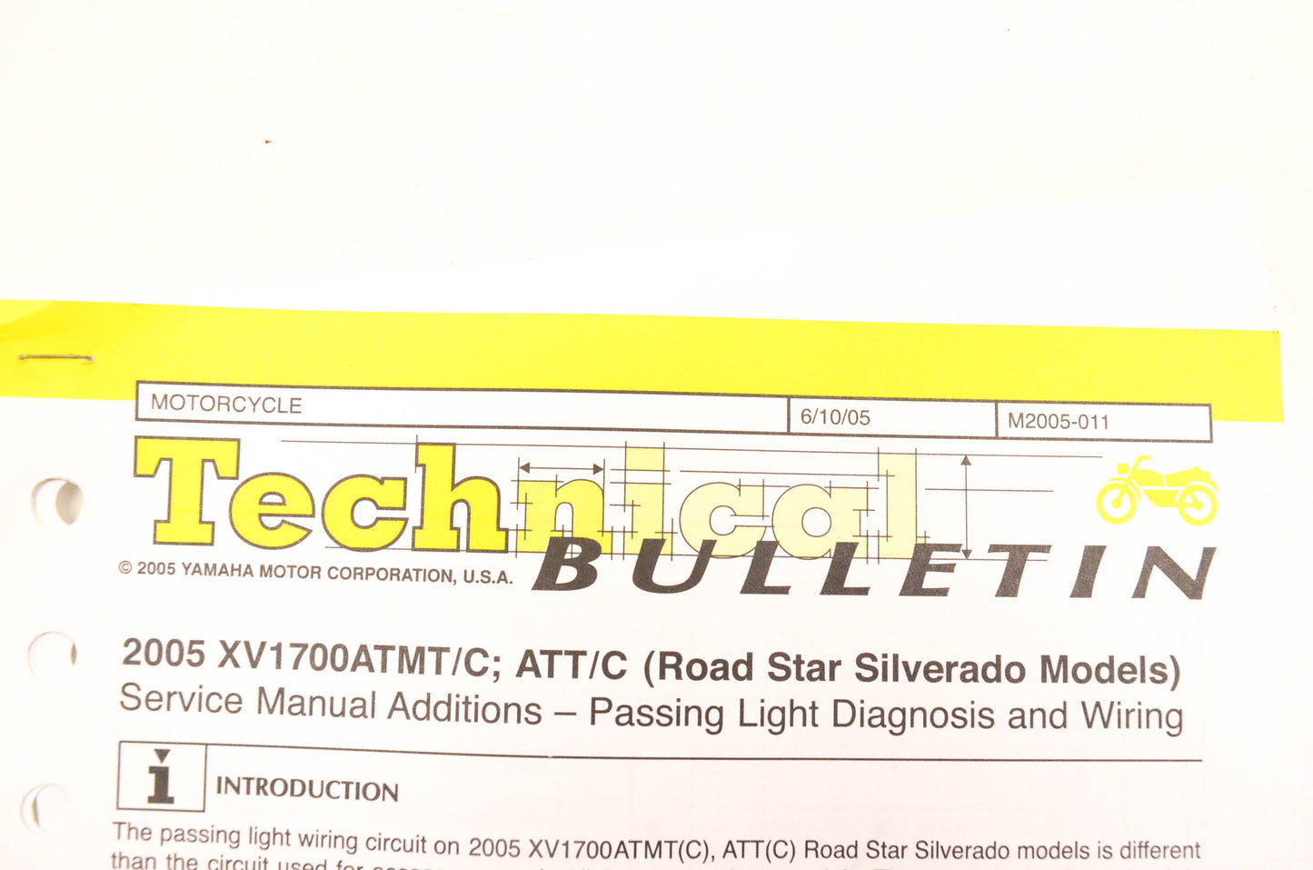 New OEM Yamaha M2005-011 Technical Bulletin 2005 XV1700ATMT/C ATT/C NOS