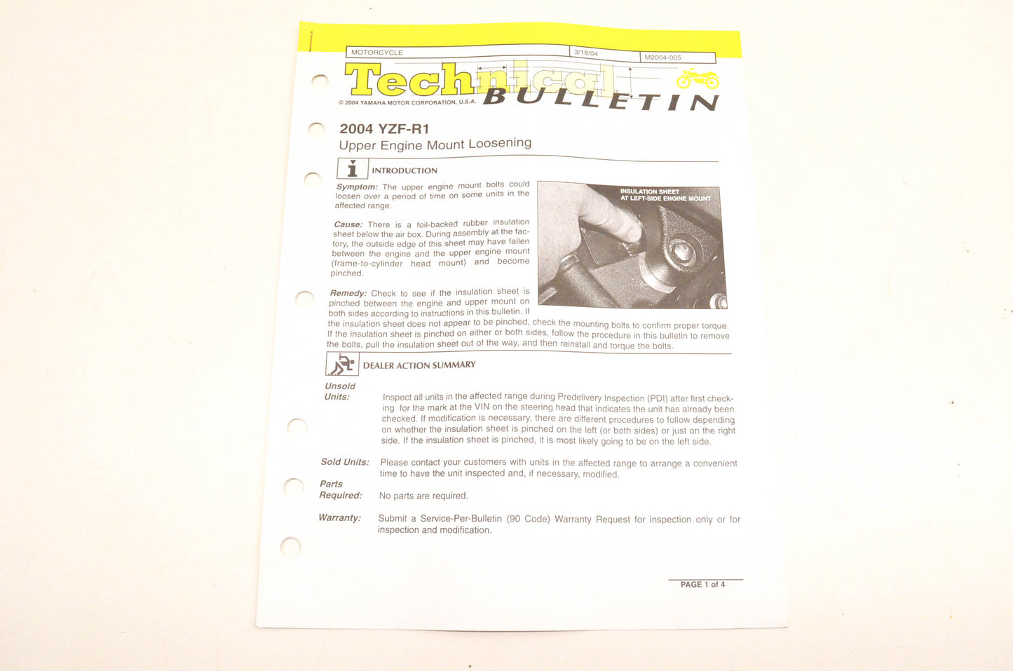 New OEM Yamaha M2004-005 Technical Bulletin 2004 YZF-R1 NOS