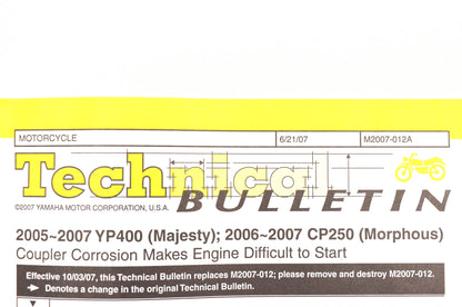New OEM Yamaha M2007-012A Technical Bulletin 2005-07 YP400 2006-07 CP250 NOS