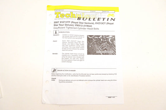 New OEM Yamaha M2007-015 Technical Bulletin 2007 XVZ13TF XVZ13CT VMX12 NOS