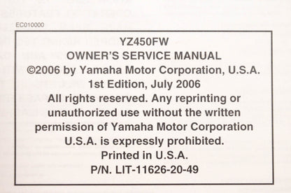 OEM Yamaha LIT-11626-20-49 YZ450FW Owner's Service Manual