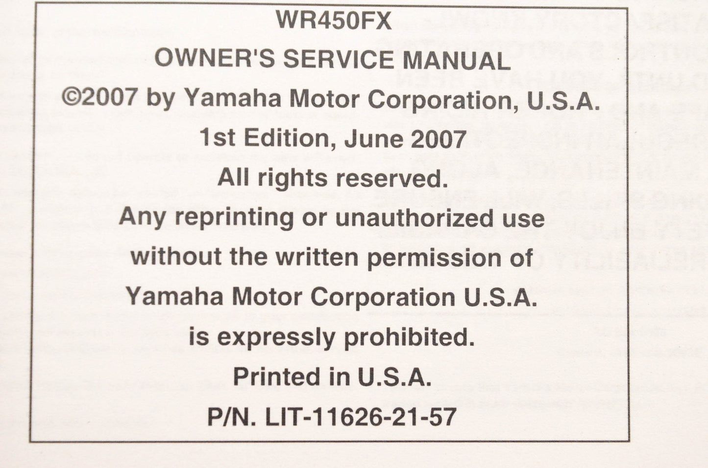 OEM Yamaha LIT-11626-21-57 WR450FX Owner's Service Manual