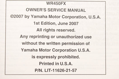 OEM Yamaha LIT-11626-21-57 WR450FX Owner's Service Manual