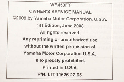 OEM Yamaha LIT-11626-22-65 WR450FY Owner's Service Manual