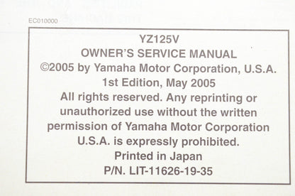OEM Yamaha LIT-11626-19-35 YZ125V Owner's Service Manual