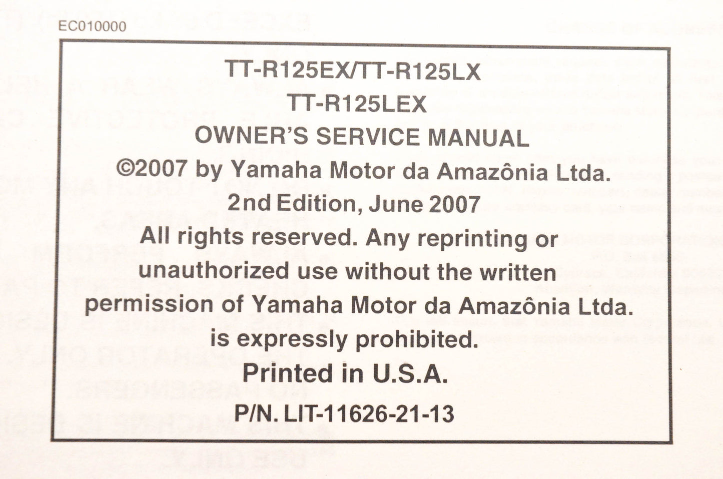 OEM Yamaha LIT-11626-21-13 TT-R125EX/LX/LEX Owner's Service Manual