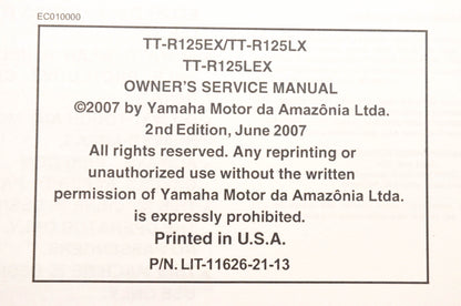 OEM Yamaha LIT-11626-21-13 TT-R125EX/LX/LEX Owner's Service Manual