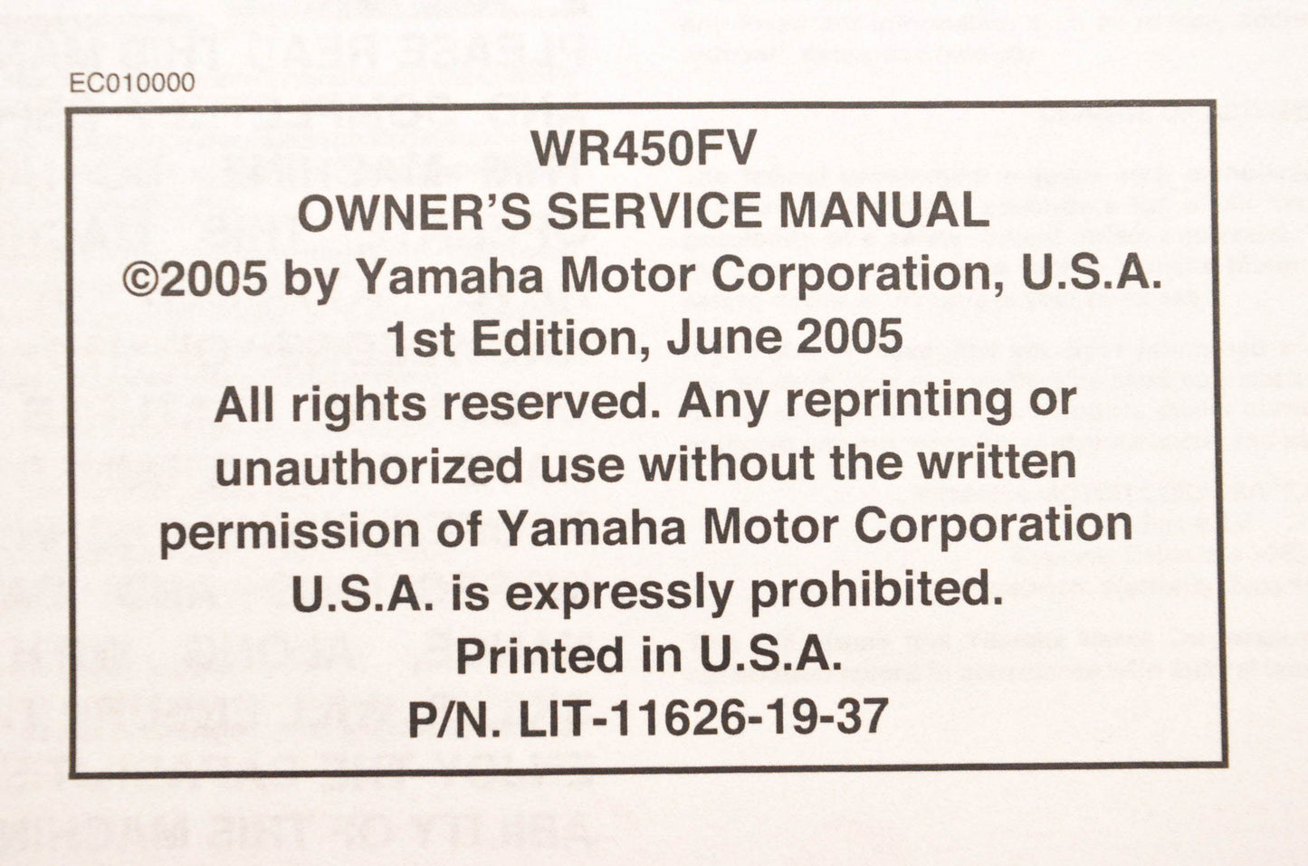 OEM Yamaha LIT-11626-19-37 WR450FV Owner's Service Manual