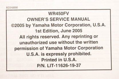 OEM Yamaha LIT-11626-19-37 WR450FV Owner's Service Manual