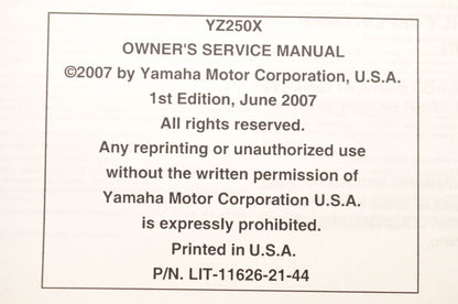 OEM Yamaha LIT-11626-21-44 YZ250X Owner's Service Manual