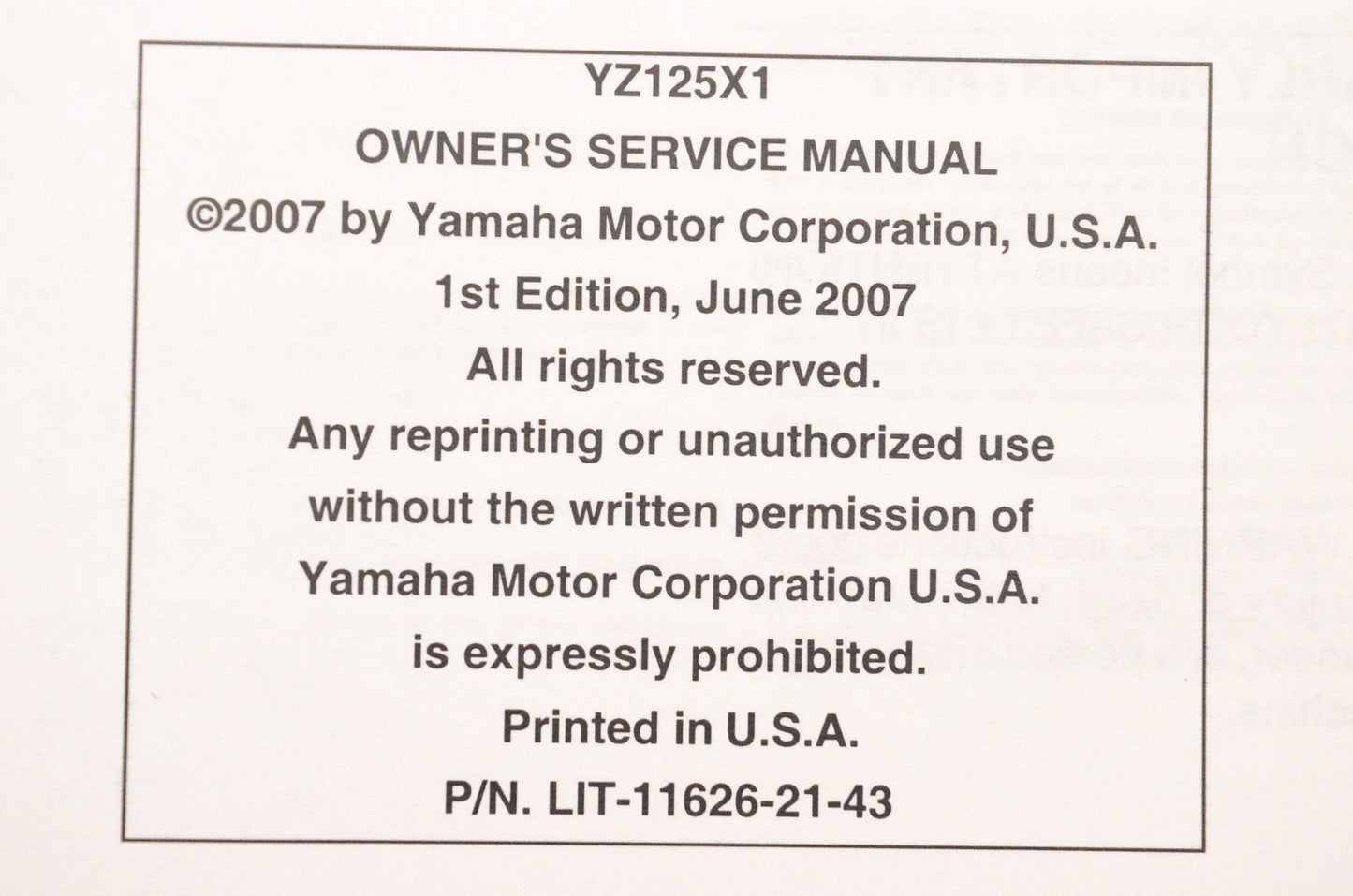 OEM Yamaha LIT-11626-21-43 YZ125X1 Owner's Service Manual