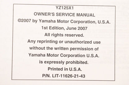 OEM Yamaha LIT-11626-21-43 YZ125X1 Owner's Service Manual
