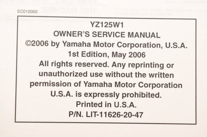 OEM Yamaha LIT-11626-20-47 YZ125W1 Owner's Service Manual