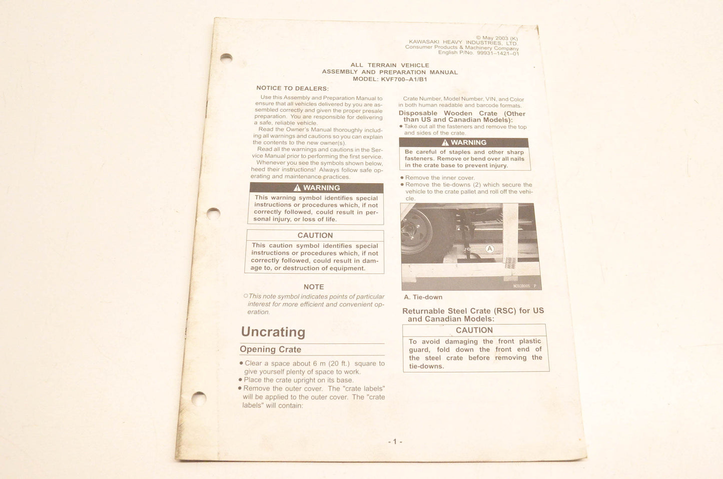 OEM Kawasaki 99931-1421-01 KVF700-A1/B1 ATV Assembly And Preparation Manual