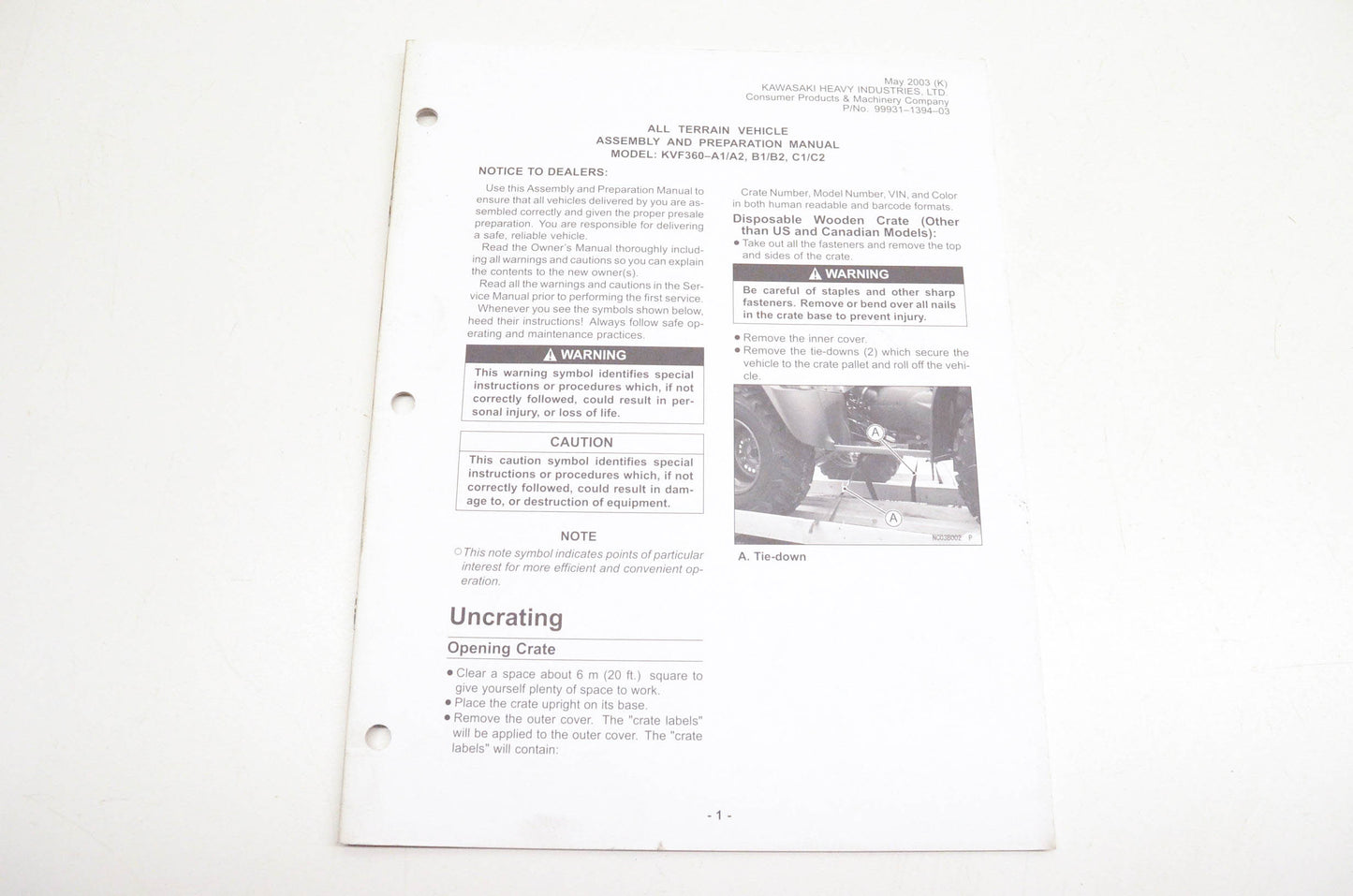 OEM Kawasaki KVF360-A1/A2 B1/B2 C1/C2 ATV Assembly And Preparation Manual