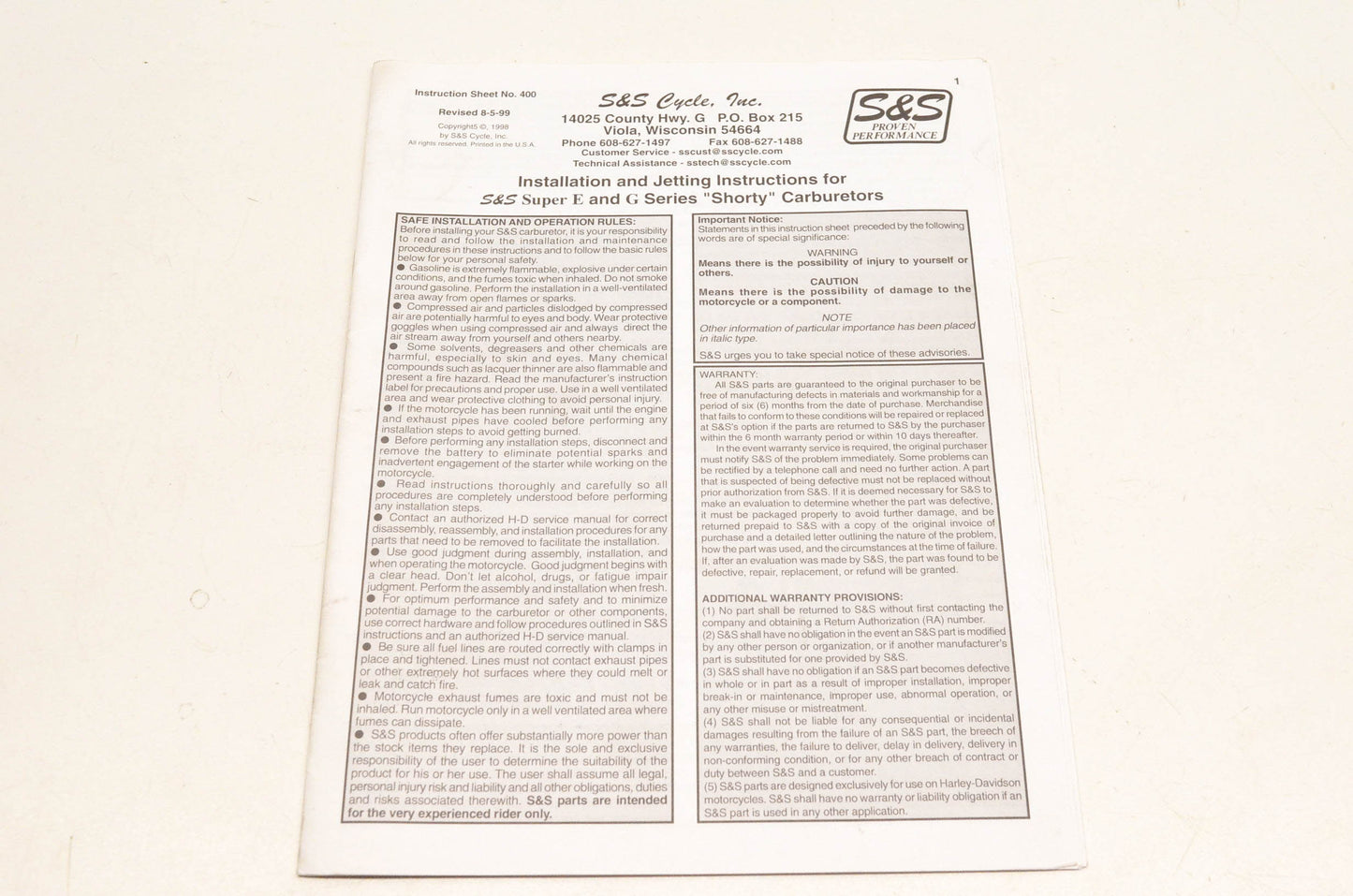 S&S Cycle 400 Super E And G Series Shorty Carburetors Instructions Manual