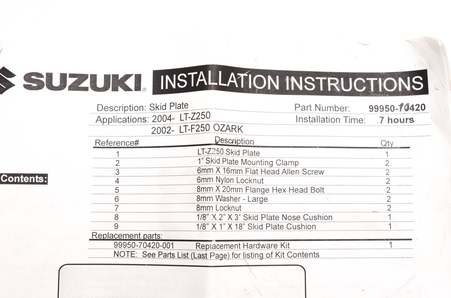 New OEM Suzuki 99950-70407 Skid Plate Kit NOS