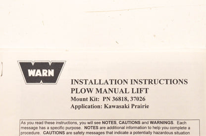 Warn 36818, 37026 Plow Manual Lift Kit NOS